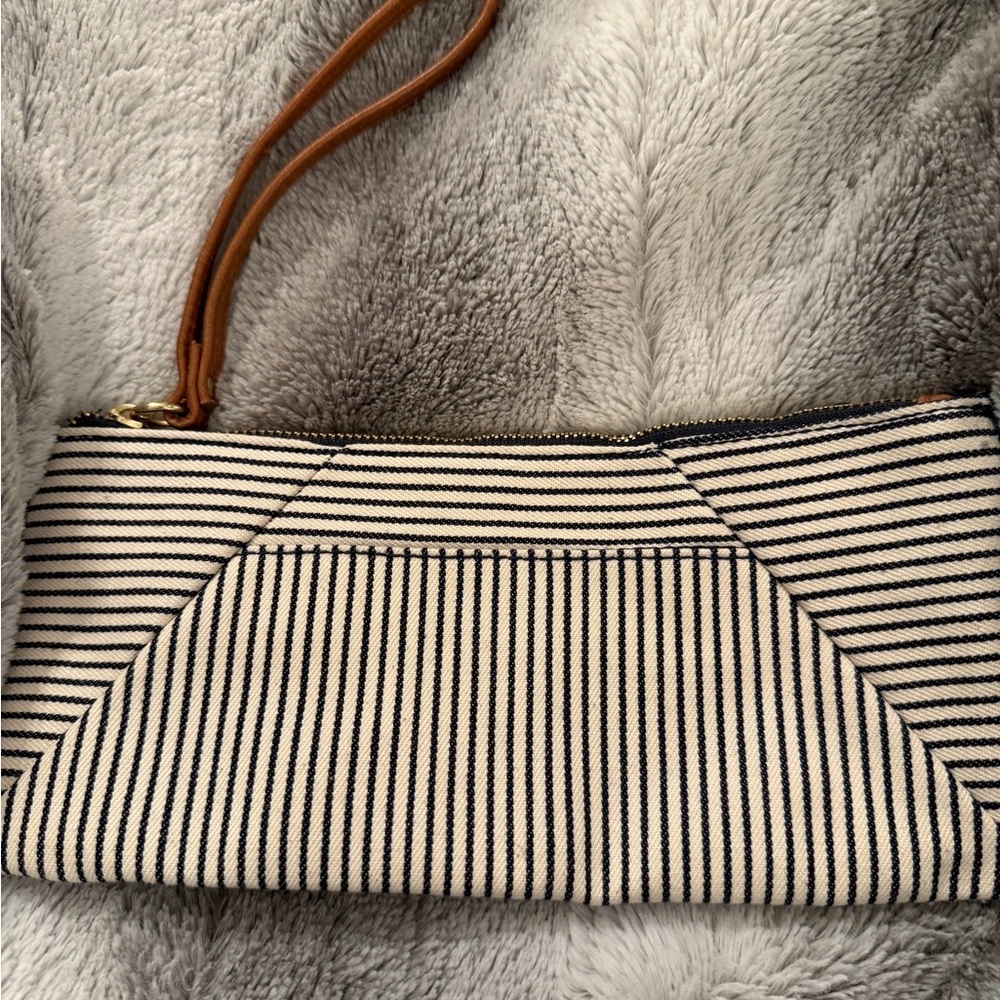Maurices Navy and Cream Canvas Striped Wristlet with brown handle